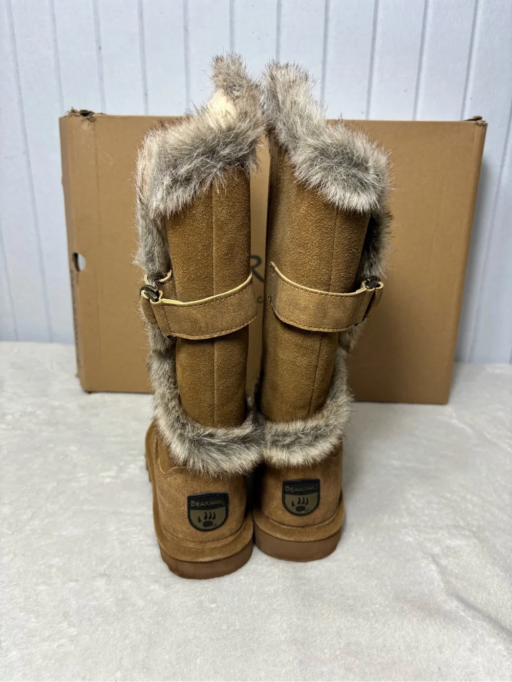 BearPaw Chestnut Suede Faux Fur Trim Tall Boots Size 5